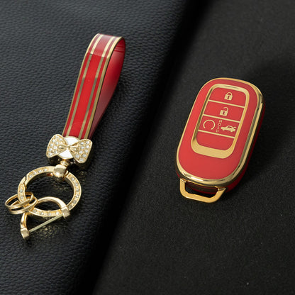 HOB1T1 Red-Gold Plating Car Key Cover For Honda Civic Accord HR-V CR-V CRV 2021 2022 2023 5Buttons Auto Shell Fob Holder TPU Car Key Case Cover Keychain Accessories
