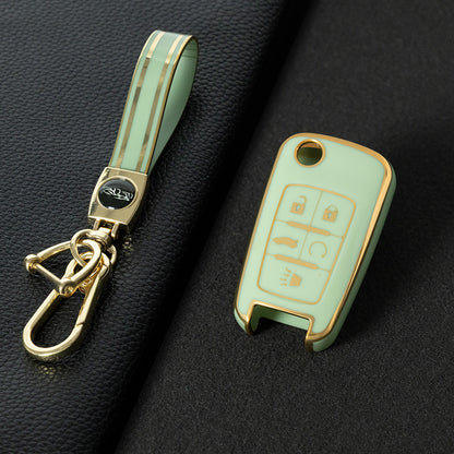 CED5T1 Green-Gold Plating 5-Button TPU Key Cover for Chevrolet Cruze Camaro Buick Regal Excelle, Protective Key Case