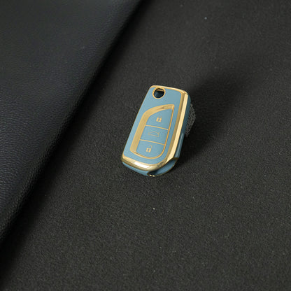 TOA1T1 Granny Grey-Gold Plating Car Key Cover Premium Soft TPU Car Key Case Cover Shell for Toyota COROLLA camry LEVIN REIZ highlander RAV4 Fold Key Rings Keychain Bag