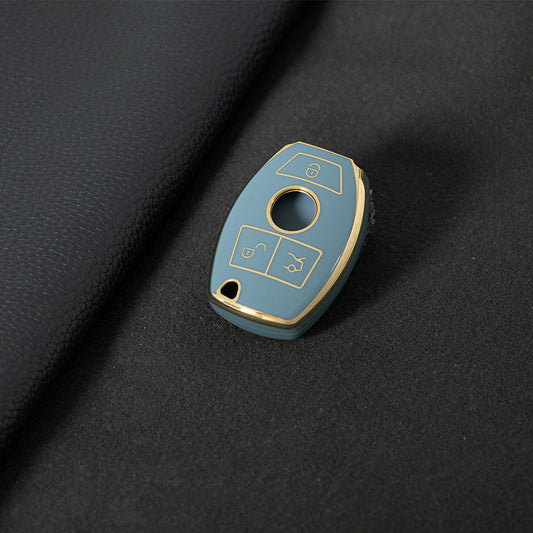 MEC1T1 Granny Grey-Gold Plating Car Key Cover Premium Soft TPU Car Key Case Cover Shell for Mercedes Benz C260L C200L A180L GLC260 GLA E300l CLASS Key Rings Keychain Bag
