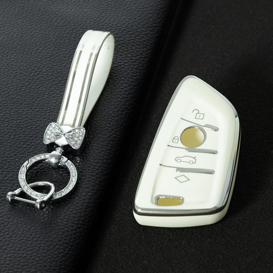 BMB1T1 White-Silver Plating Car Key Cover For BMW 1 2 3 4 5 6 7 Series X1 X2 X3 X5 X6 X7 Smart Key Ring Holder Keychain Car Accessories