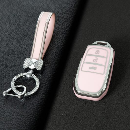 TOC1T1 Pink-Silver Plating Car Key Cover For TPU Soft Car Key Fob Cover Smart Key Shell Case Protector Suitable for Toyota Corolla Camry Levin RAV4 Reiz
