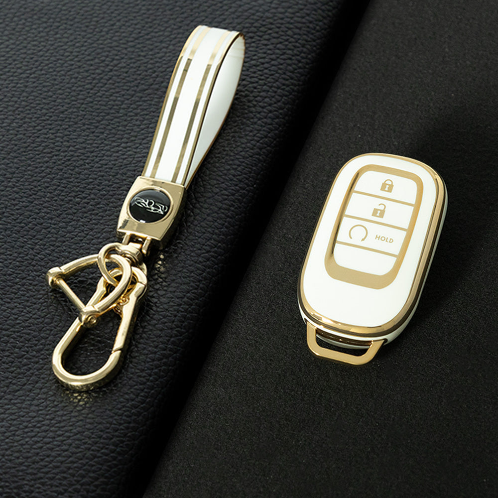 HOB3T1 White-Gold Plating Car Key Cover TPU Remote Key Fob Cover 4-button Car Key Case Protective Accessories Suitable for Honda Accord Civic HR-V CR-V Pilot Odyssey