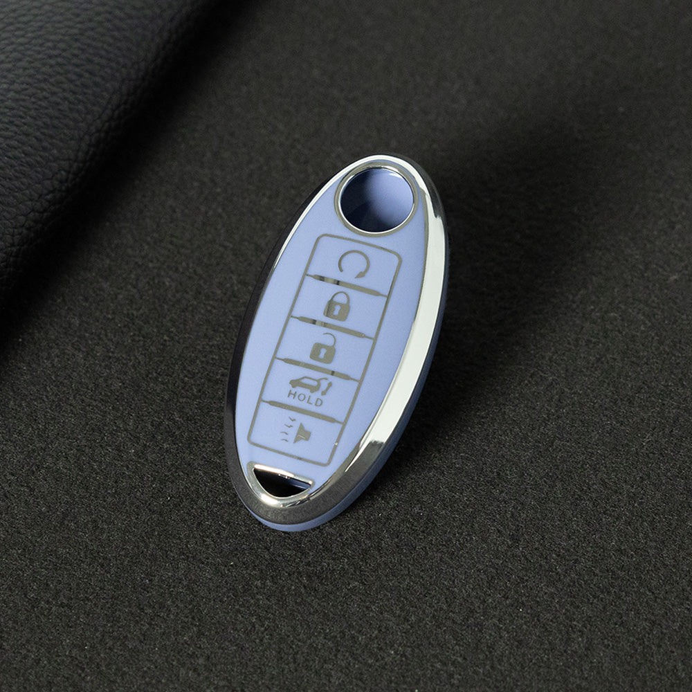 NIB6T1 Light Blue-Silver Plating Car Key Cover Silver Edge TPU Car Key Cover Keychain Fob Case Accessories for Nissan Note Qashqai Pathfinder Rogue Versa Infiniti Q50 Kia