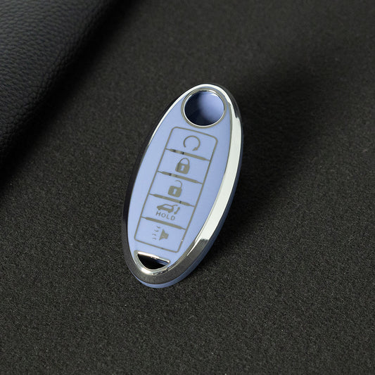 NIB6T1 Light Blue-Silver Plating Car Key Cover Silver Edge TPU Car Key Cover Keychain Fob Case Accessories for Nissan Note Qashqai Pathfinder Rogue Versa Infiniti Q50 Kia