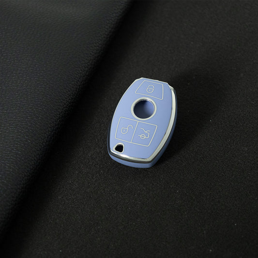 MEC1T1 Light Blue-Silver Plating Car Key Cover Premium Soft TPU Car Key Case Cover Shell for Mercedes Benz C260L C200L A180L GLC260 GLA E300l CLASS Key Rings Keychain Bag