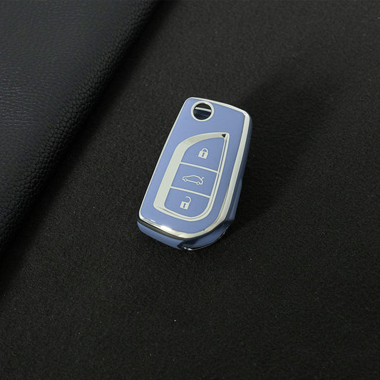 TOA1T1 Light Blue-Silver Plating Car Key Cover Premium Soft TPU Car Key Case Cover Shell for Toyota COROLLA camry LEVIN REIZ highlander RAV4 Fold Key Rings Keychain Bag