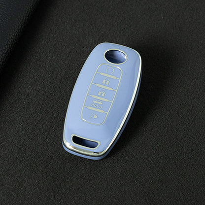 NIA3T1 Light Blue-Silver Plating TPU Car Key Cover Soft Key Shell Fob Holder Suitable for Nissan Sylphy Bluebird Teana X-Trail Murano GTR