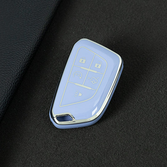 CAB1T1 Light Blue-Silver Plating TPU Premium Soft Car Key Case Cover Shell for Cadillac XT5 XT4 XT6 CT5 CT6 CT4 XTS ATSL SRX Key Ring Keychain Bag Accessory