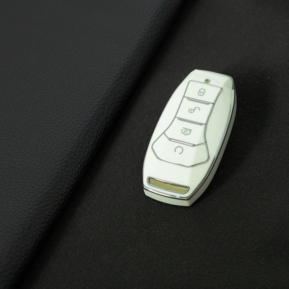 BYA1T1 White-Silver Plating Car Key Cover TPU premium soft car key cover for BYD Song Plus, Qin DMI, Han EV Yuan Pro, Tang ATTO, with 3 key rings and key chain pouch accessories.