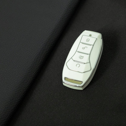 BYA1T1 White-Silver Plating Car Key Cover TPU premium soft car key cover for BYD Song Plus, Qin DMI, Han EV Yuan Pro, Tang ATTO, with 3 key rings and key chain pouch accessories.