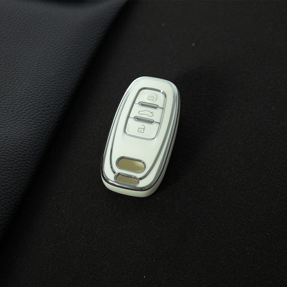 AUB1T1 White-Silver Plating Car Key Cover Silver Trim Full-Coverage TPU Key Cover for Audi A6L/A7/A8/A3/A5/Q5/S6 - Anti-Scratch Protective Case