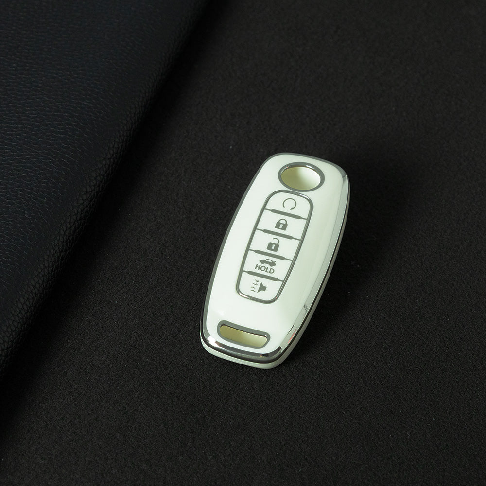 NIA3T1 White-Silver Plating TPU Car Key Cover Soft Key Shell Fob Holder Suitable for Nissan Sylphy Bluebird Teana X-Trail Murano GTR