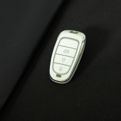 HYE1T1 White-Silver Plating Tpu Car Smart Key Case Cover for Hyundai Tucson Solaris Sonata Hybrid Nexo Nx4 Santafe Dn8 Keyless Protector Shell Accessories