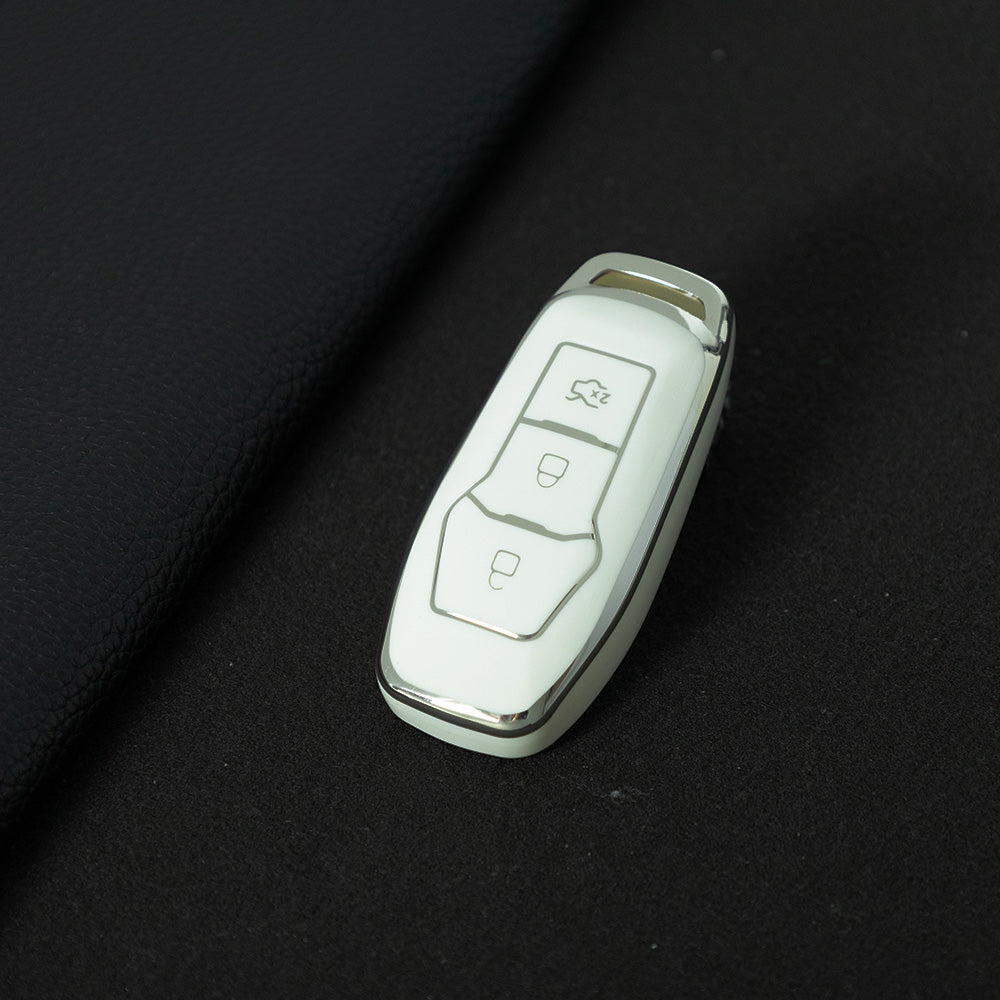 FOU3T1 White-Silver Plating Soft Shell Fob Holder TPU Car Key Cover Case for Ford Fusion Mondeo Mustang F-150 Explorer Edge 2015 2016