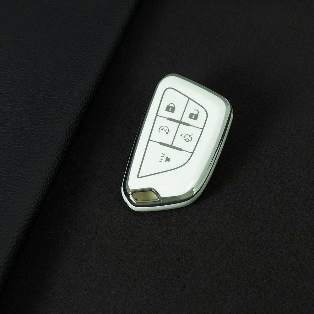 CAB1T1 White-Silver Plating TPU Premium Soft Car Key Case Cover Shell for Cadillac XT5 XT4 XT6 CT5 CT6 CT4 XTS ATSL SRX Key Ring Keychain Bag Accessory