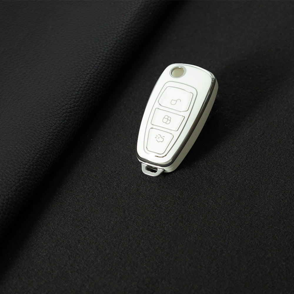 FOD1T1 White-Silver Plating Car Key Cover TPU Car Folding Key Case Cover Bag Keychain for Ford Focus C-Max S-Max Galaxy Mondeo Ranger Transit Tourneo Custom