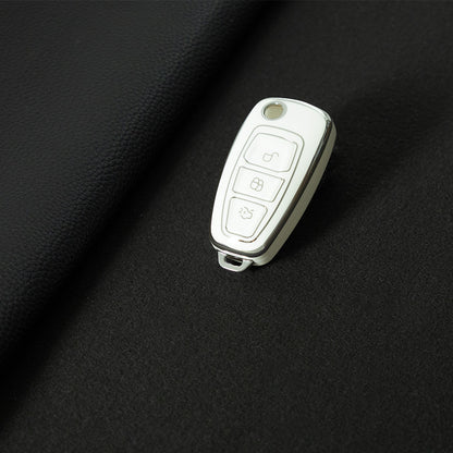 FOD1T1 White-Silver Plating Car Key Cover TPU Car Folding Key Case Cover Bag Keychain for Ford Focus C-Max S-Max Galaxy Mondeo Ranger Transit Tourneo Custom