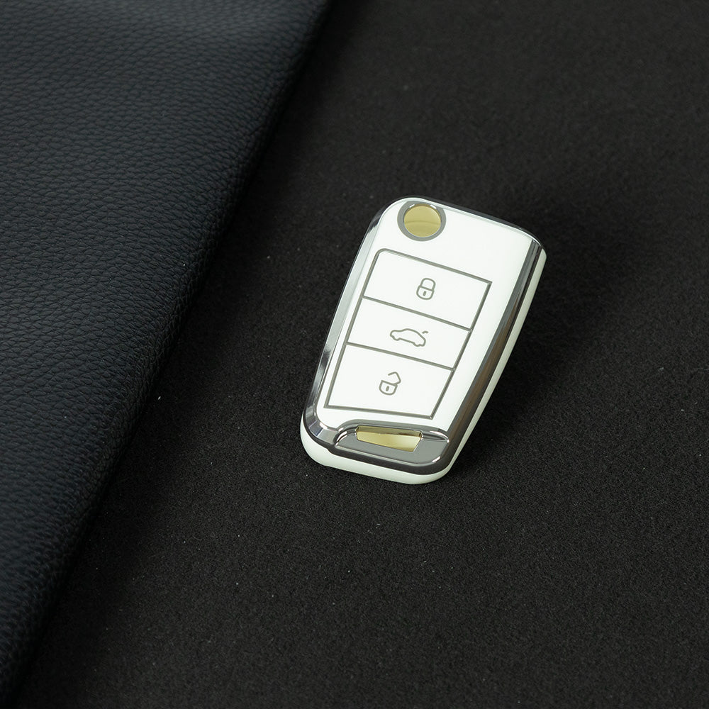 VOF1T1 White-Silver Plating TPU Premium Soft Car Key Case Cover Shell for Volkswagen Tiguan L Lavida Plus Golf 7 Polo Skoda Key Rings Keychain Bag Accessory