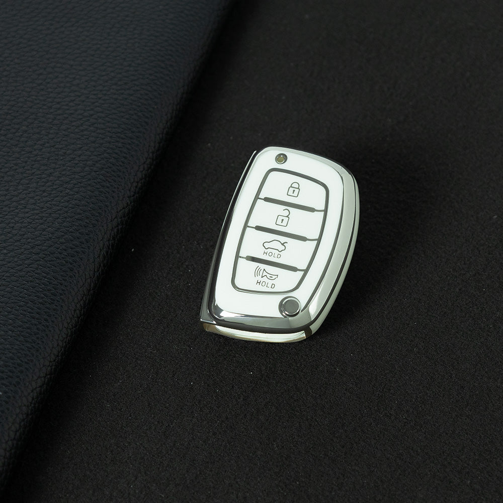 HYD3T1 White-Silver Plating 4 Buttons Key Case TPU Car Key Cover Shell Fob for Hyundai Tucson Santa Fe Rena Sonata Elantra Creta Ix35 Ix45 I10 I30 I40