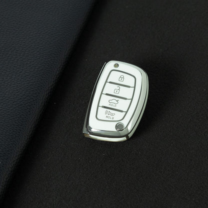 HYD3T1 White-Silver Plating 4 Buttons Key Case TPU Car Key Cover Shell Fob for Hyundai Tucson Santa Fe Rena Sonata Elantra Creta Ix35 Ix45 I10 I30 I40