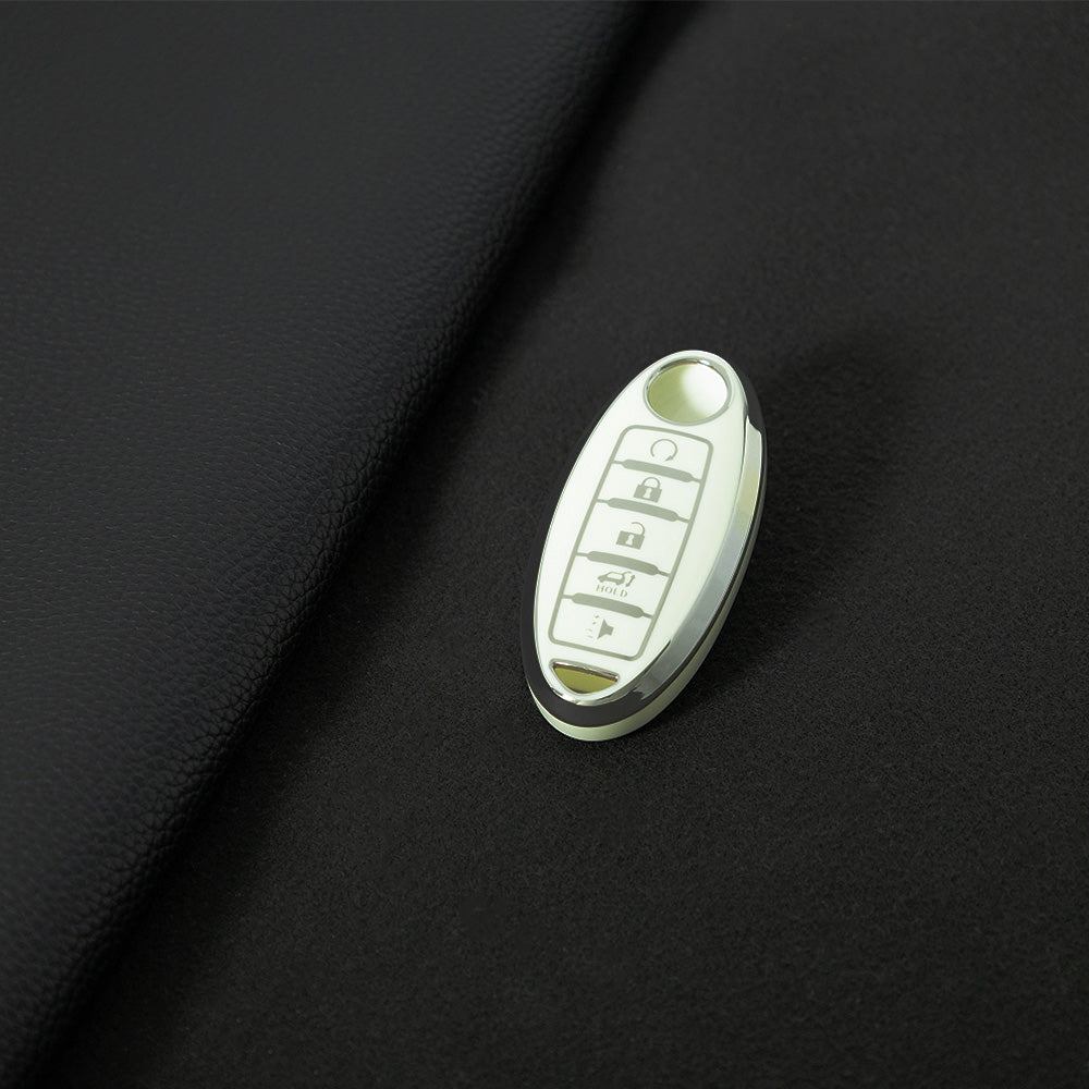 NIB6T1 White-Silver Plating Car Key Cover Silver Edge TPU Car Key Cover Keychain Fob Case Accessories for Nissan Note Qashqai Pathfinder Rogue Versa Infiniti Q50 Kia