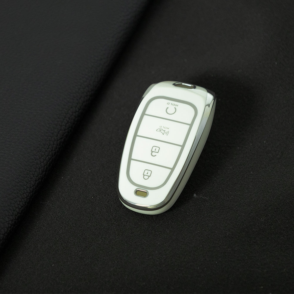HYE6T1 White-Silver Plating TPU Car Key Case Cover for Hyundai Tucson 2022 Santa Fe NEXO NX4 Atos Prime Solaris