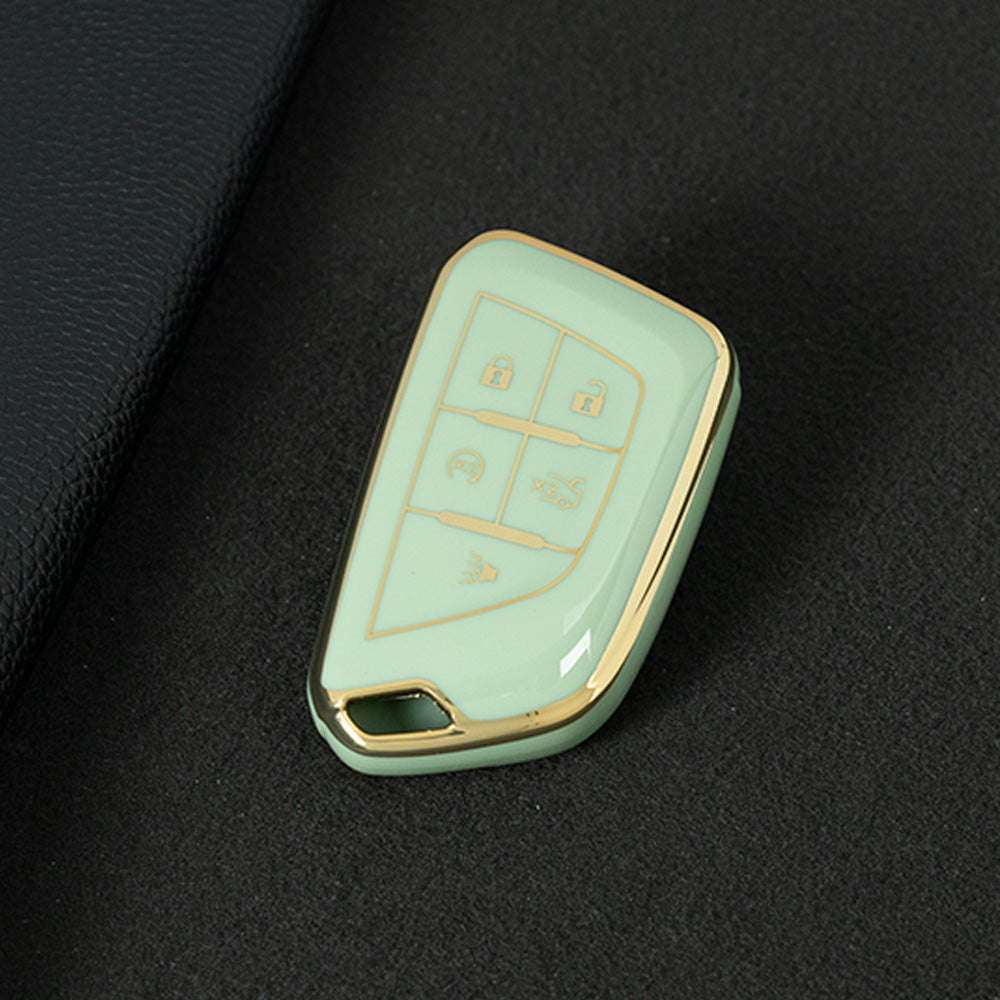 CAB1T1 Green-Gold Plating TPU Premium Soft Car Key Case Cover Shell for Cadillac XT5 XT4 XT6 CT5 CT6 CT4 XTS ATSL SRX Key Ring Keychain Bag Accessory