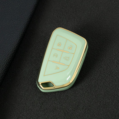 CAB1T1 Green-Gold Plating TPU Premium Soft Car Key Case Cover Shell for Cadillac XT5 XT4 XT6 CT5 CT6 CT4 XTS ATSL SRX Key Ring Keychain Bag Accessory