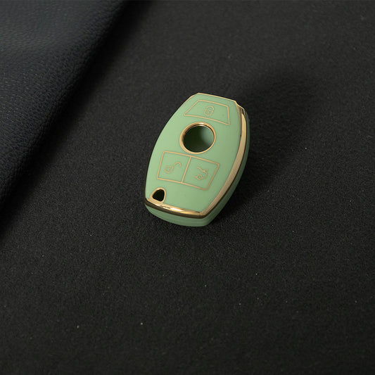 MEC1T1 Green-Gold Plating Car Key Cover Premium Soft TPU Car Key Case Cover Shell for Mercedes Benz C260L C200L A180L GLC260 GLA E300l CLASS Key Rings Keychain Bag