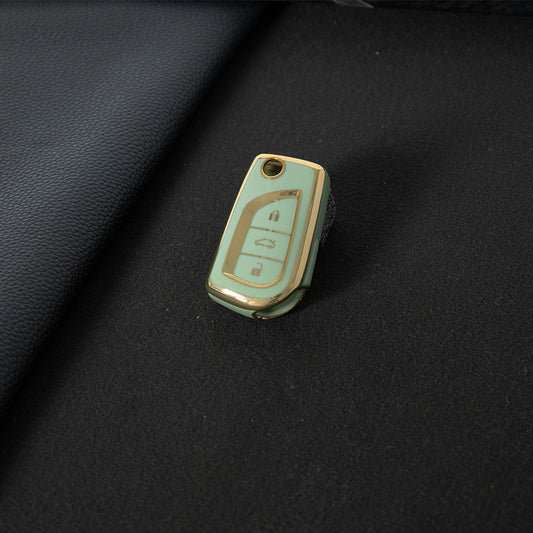 TOA1T1 Green-Gold Plating Car Key Cover Premium Soft TPU Car Key Case Cover Shell for Toyota COROLLA camry LEVIN REIZ highlander RAV4 Fold Key Rings Keychain Bag