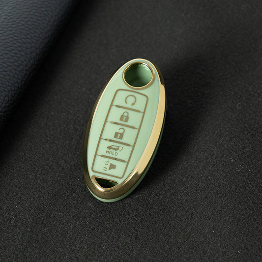 NIB6T1 Green-Gold Plating Car Key Cover Silver Edge TPU Car Key Cover Keychain Fob Case Accessories for Nissan Note Qashqai Pathfinder Rogue Versa Infiniti Q50 Kia