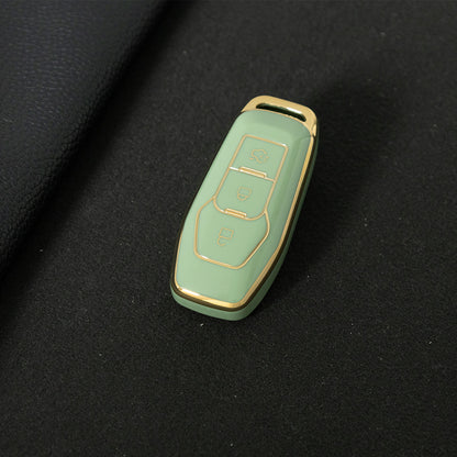 FOU3T1 Green-Gold Plating Soft Shell Fob Holder TPU Car Key Cover Case for Ford Fusion Mondeo Mustang F-150 Explorer Edge 2015 2016