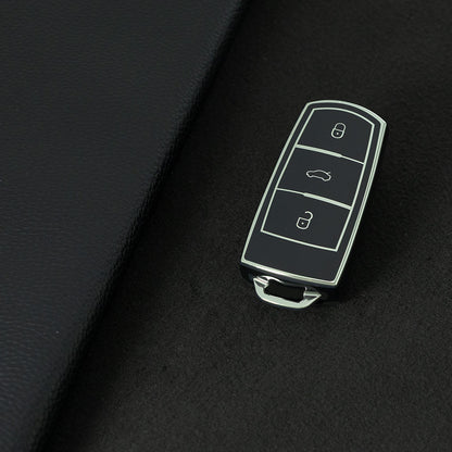 VOH1T1 Black-Silver Plating TPU Flip Remote Car Keychain Cover for VW VolksWagen B6 B7 3C Magotan Passat CC 3-Button Design