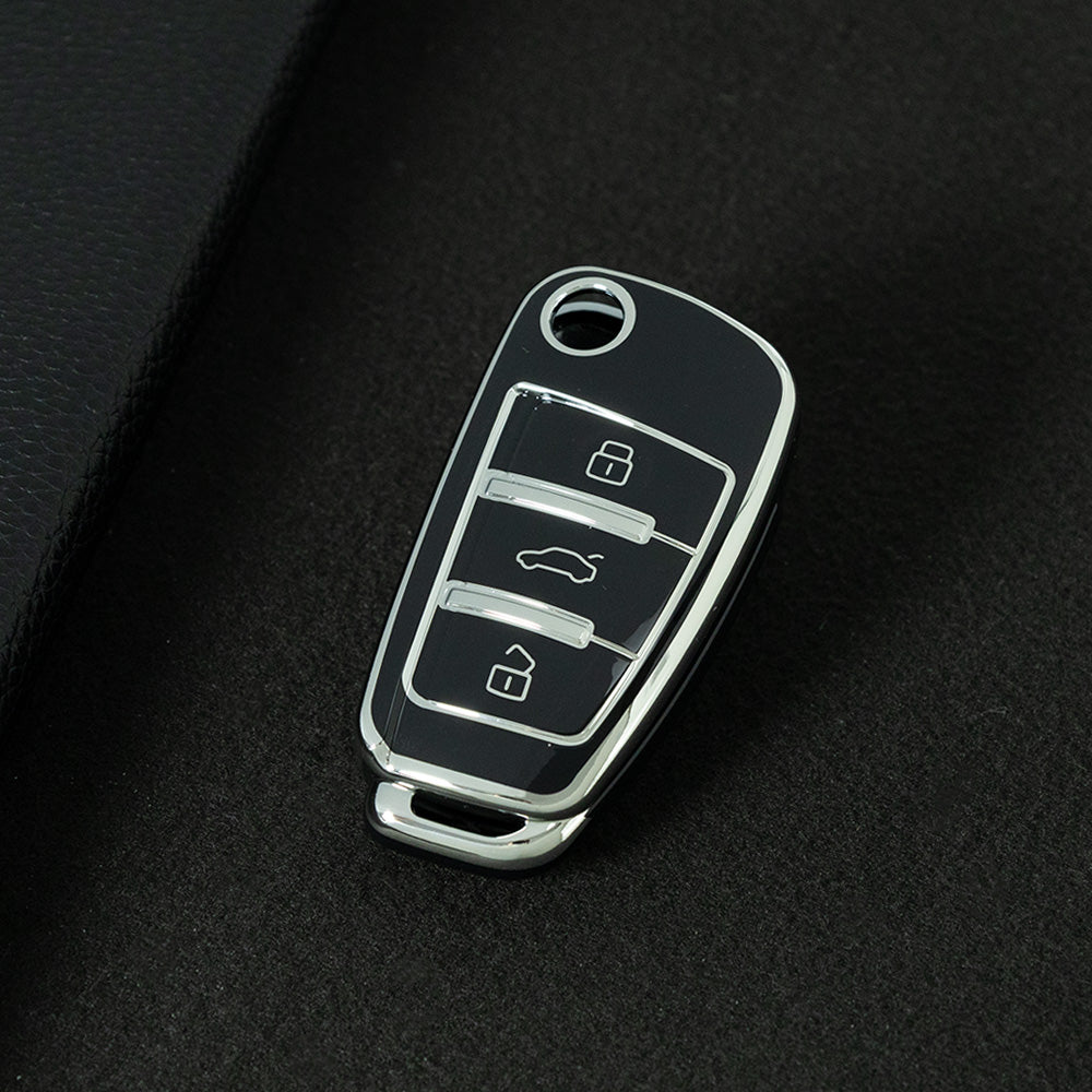 AUD1T1 Black-Silver Plating Car Key Cover For Audi Q3 Q7 Q5 TT Q2L A3 A1 Fold Key Rings Keychain Bag