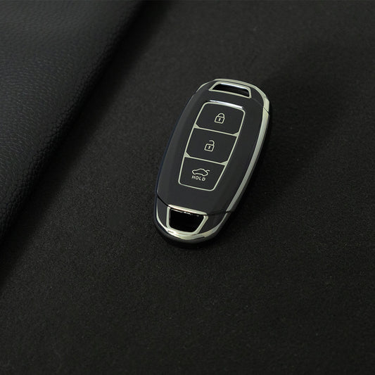 HYA1T1 Black-Silver Plating Car Key Cover 3 Buottons TPU Car Key Case Cover Shell Fob Holder for Hyundai Palisade Limited Palisade Elantra Sel Elantra Santa Fe Veloster