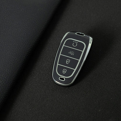 HYE6T1 Black-Silver Plating TPU Car Key Case Cover for Hyundai Tucson 2022 Santa Fe NEXO NX4 Atos Prime Solaris