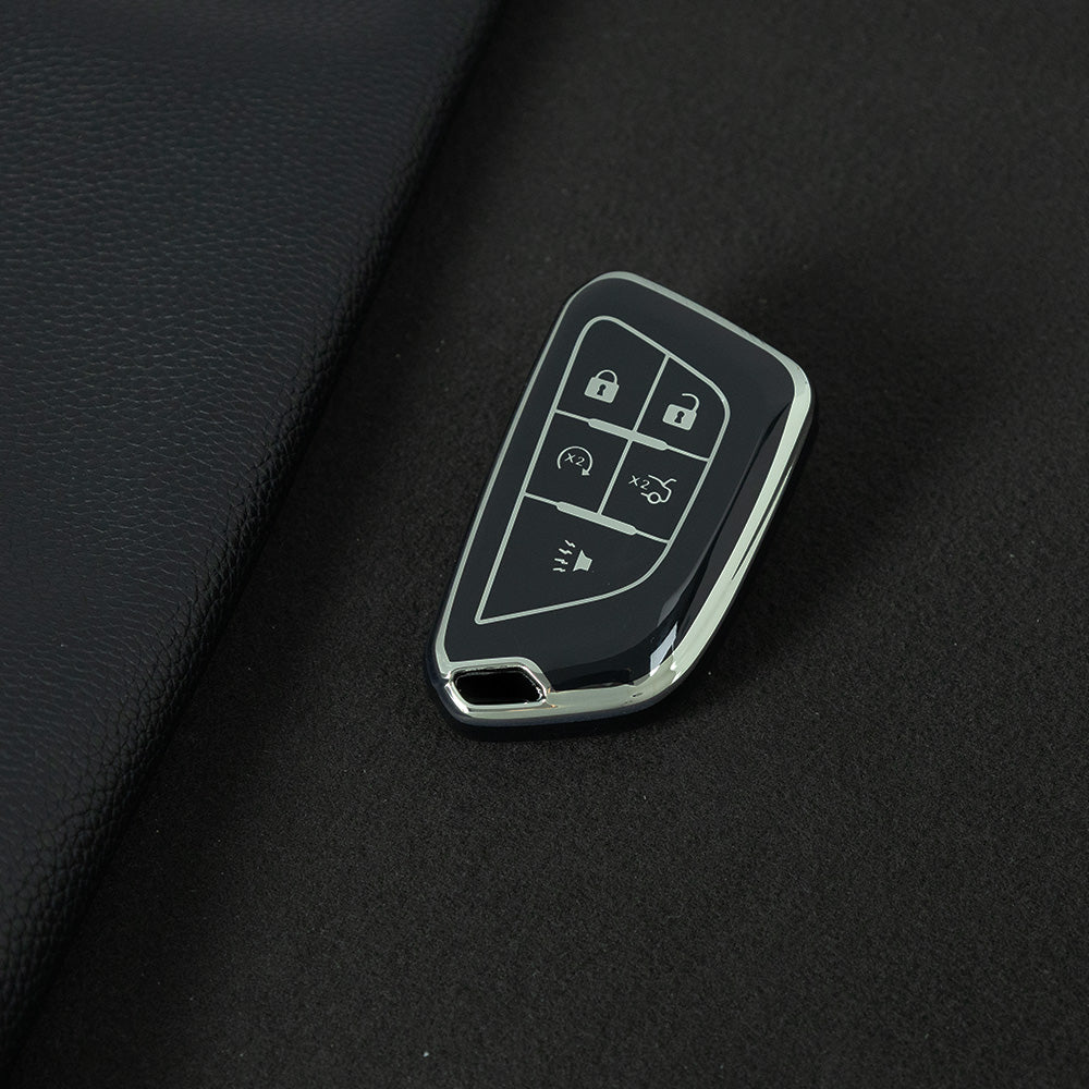 CAB1T1 Black-Silver Plating TPU Premium Soft Car Key Case Cover Shell for Cadillac XT5 XT4 XT6 CT5 CT6 CT4 XTS ATSL SRX Key Ring Keychain Bag Accessory