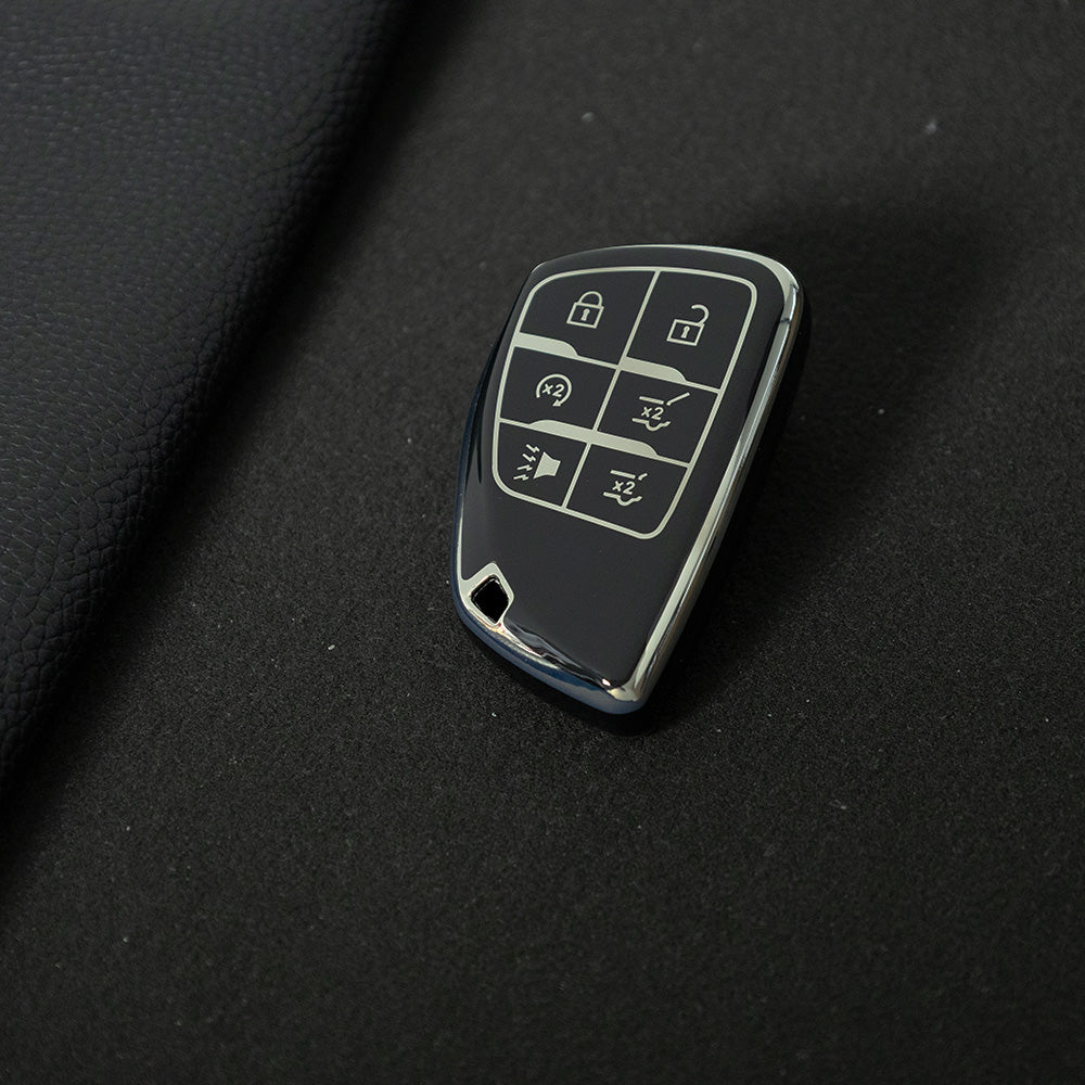 CEV4T1 Black-Silver Plating 6-button Car Remote Key Case TPU Soft Key Fob Cover Smart Key Shell Holder Compatible with GMC Chevy Buick