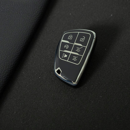 CEV4T1 Black-Silver Plating 6-button Car Remote Key Case TPU Soft Key Fob Cover Smart Key Shell Holder Compatible with GMC Chevy Buick