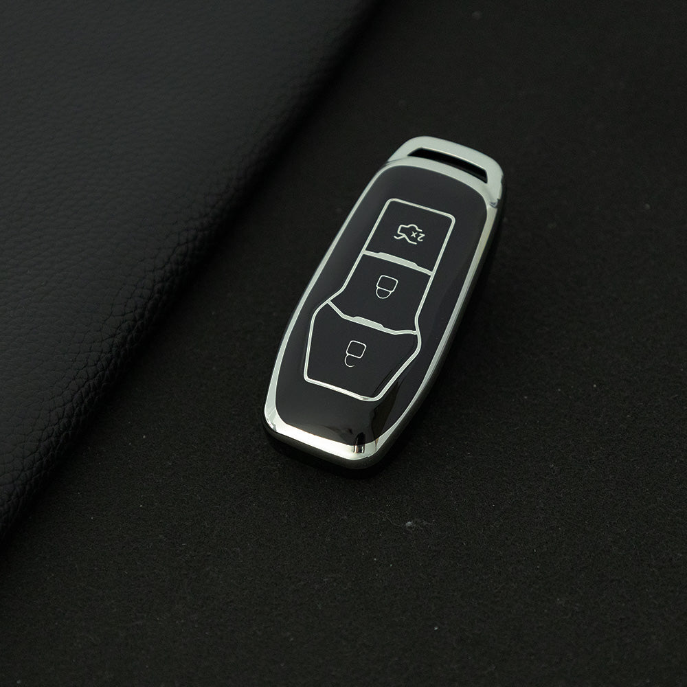 FOU3T1 Black-Silver Plating Soft Shell Fob Holder TPU Car Key Cover Case for Ford Fusion Mondeo Mustang F-150 Explorer Edge 2015 2016