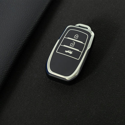 TOC1T1 Black-Silver Plating Car Key Cover For TPU Soft Car Key Fob Cover Smart Key Shell Case Protector Suitable for Toyota Corolla Camry Levin RAV4 Reiz