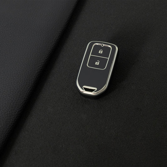 HOA2T1 Black-Silver Plating Car Key Cover 2/3/4/5-Button Full-Coverage TPU Key Cover for Honda CR-V/Accord/Civic/Fit/Jade/Odyssey - Anti-Scratch Protective Case