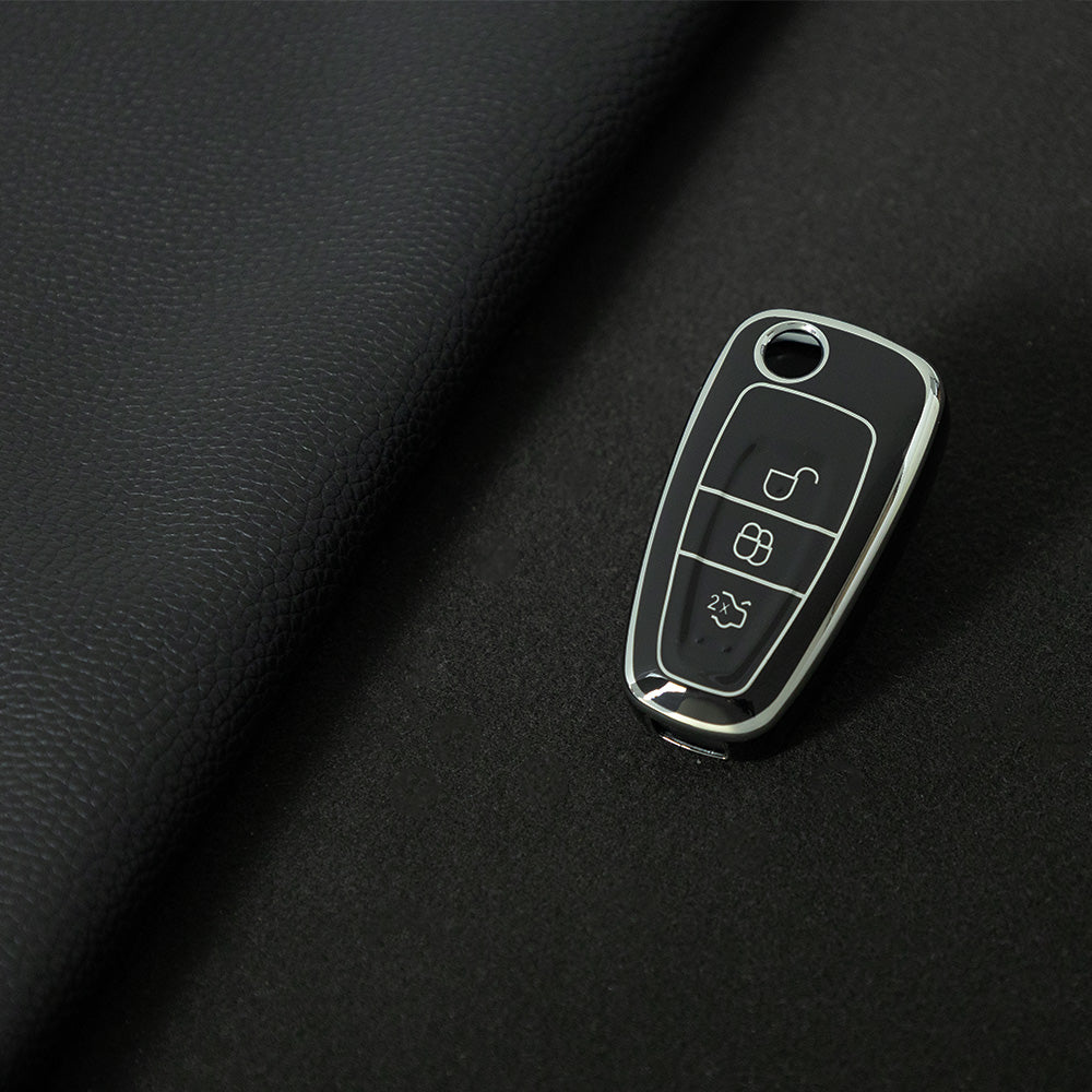 FOD1T1 Black-Silver Plating Car Key Cover TPU Car Folding Key Case Cover Bag Keychain for Ford Focus C-Max S-Max Galaxy Mondeo Ranger Transit Tourneo Custom