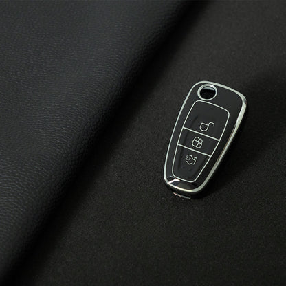 FOD1T1 Black-Silver Plating Car Key Cover TPU Car Folding Key Case Cover Bag Keychain for Ford Focus C-Max S-Max Galaxy Mondeo Ranger Transit Tourneo Custom