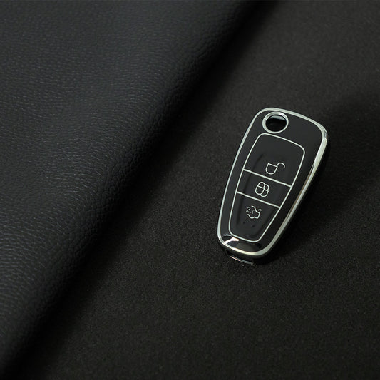 FOD1T1 Black-Silver Plating Car Key Cover TPU Car Folding Key Case Cover Bag Keychain for Ford Focus C-Max S-Max Galaxy Mondeo Ranger Transit Tourneo Custom