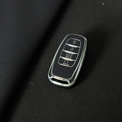 HNB1T1 Black-Silver Plating Soft TPU Car Key Case Cover Shell for Hongqi BESTURN B50 B70 E-HS3 H5 H7 Saloon H9 HQ3 HS5 HS7 SHENGSHI Key Rings Keychain Bag