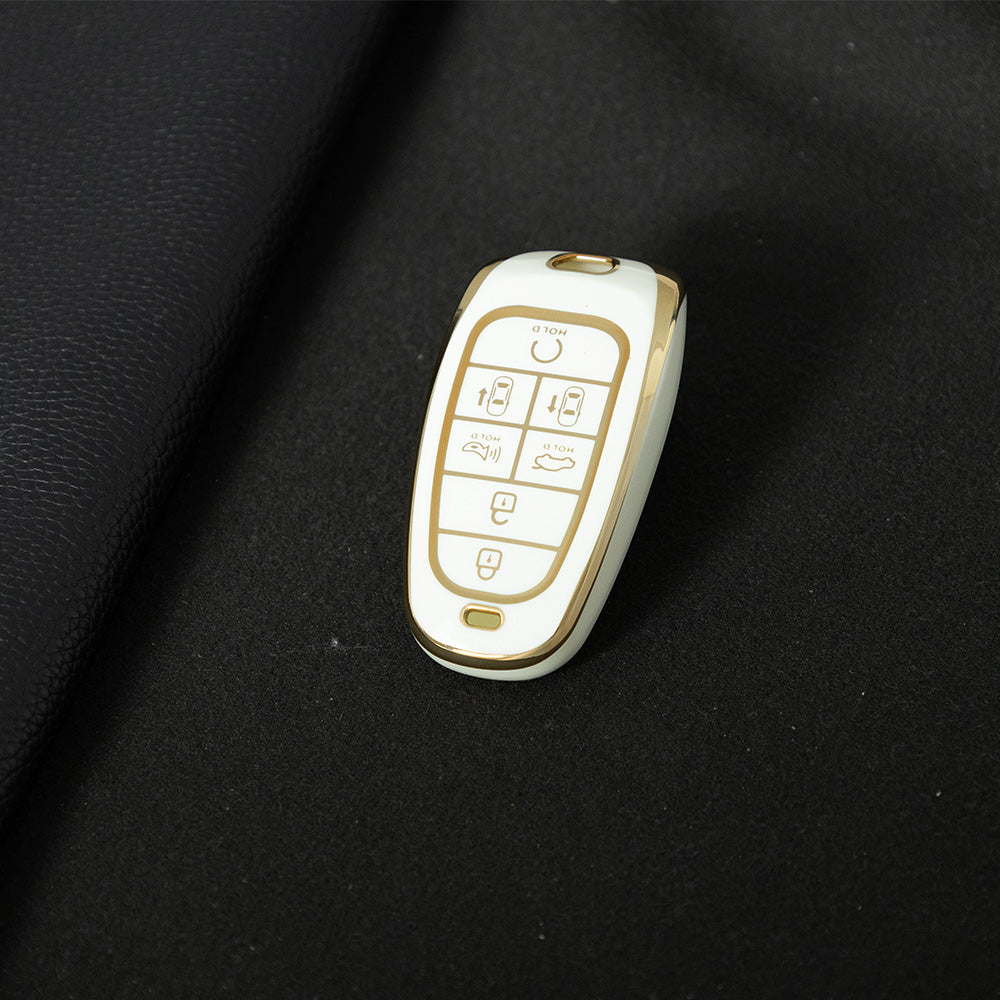 HYE4T1 White-Gold Plating 7 Buttons TPU Car Smart Key Case Cover for Hyundai Tucson Solaris Sonata Hybrid NEXO NX4 Santafe Dn8 2020 - 2023 Accessories