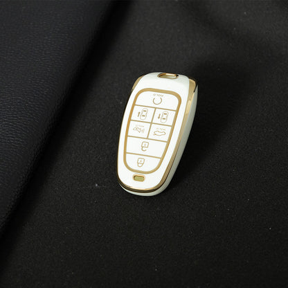 HYE4T1 White-Gold Plating 7 Buttons TPU Car Smart Key Case Cover for Hyundai Tucson Solaris Sonata Hybrid NEXO NX4 Santafe Dn8 2020 - 2023 Accessories