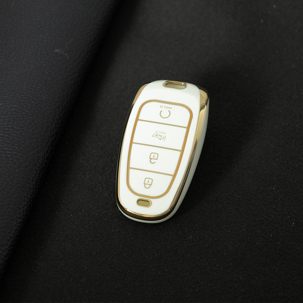 HYE6T1 White-Gold Plating TPU Car Key Case Cover for Hyundai Tucson 2022 Santa Fe NEXO NX4 Atos Prime Solaris